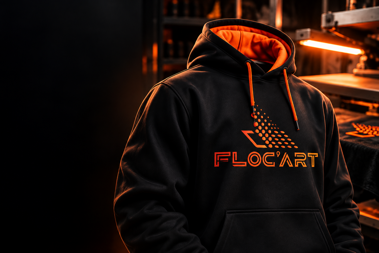 Sweat noir à doublure orange dans un atelier — visuel d’inspiration